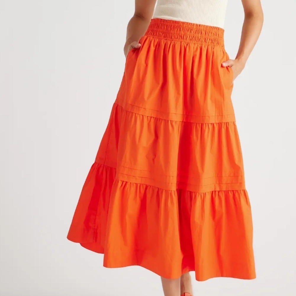 Quince 100% Organic Cotton Poplin Tiered Maxi Skirt Vermilion Red Women Medium